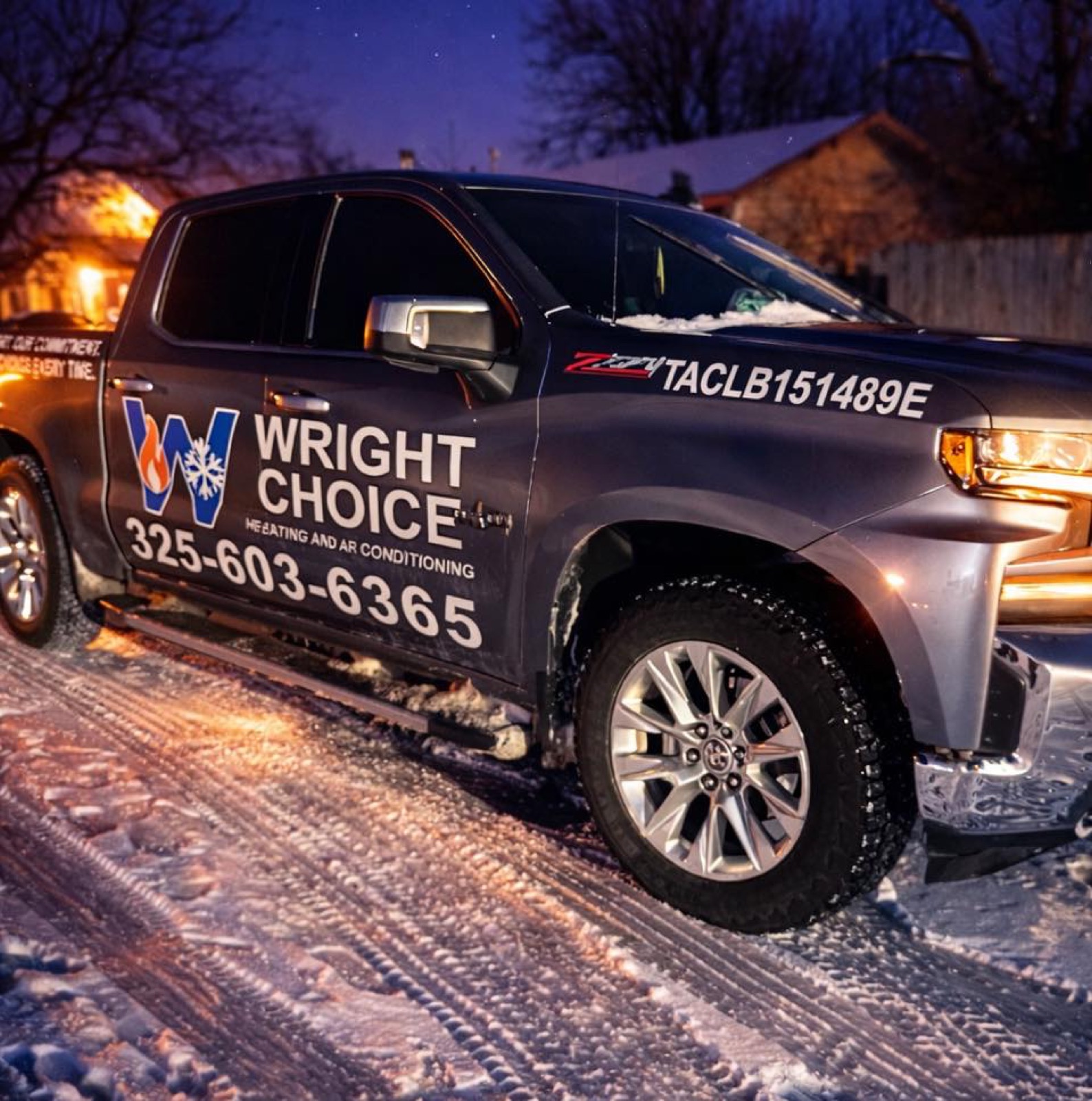 Wright Choice Heating and Air Conditioning truck on a snowy West Texas street during a winter service call