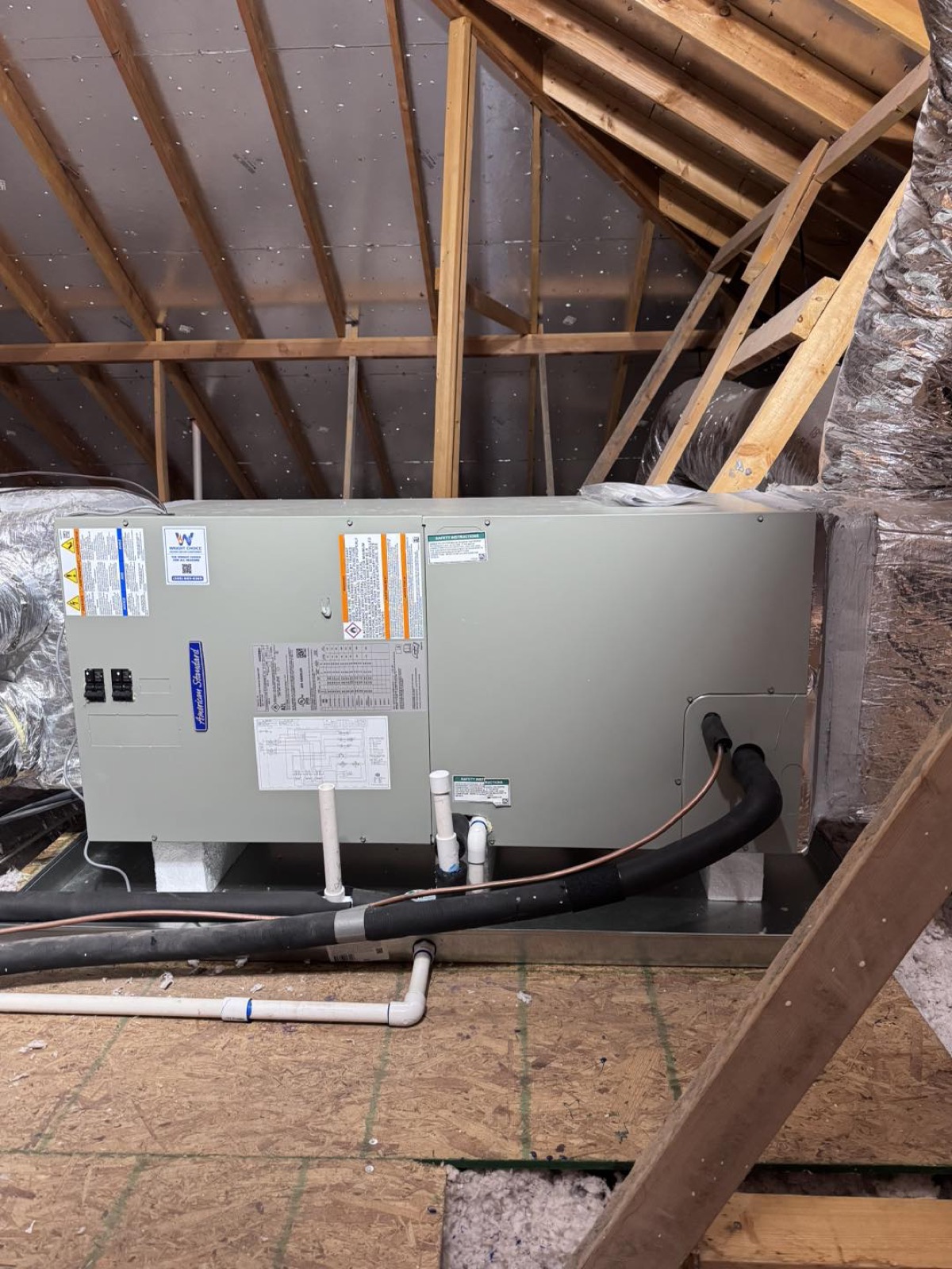 Attic air handler installation on a sealed platform with Wright Choice tag in Abilene, TX