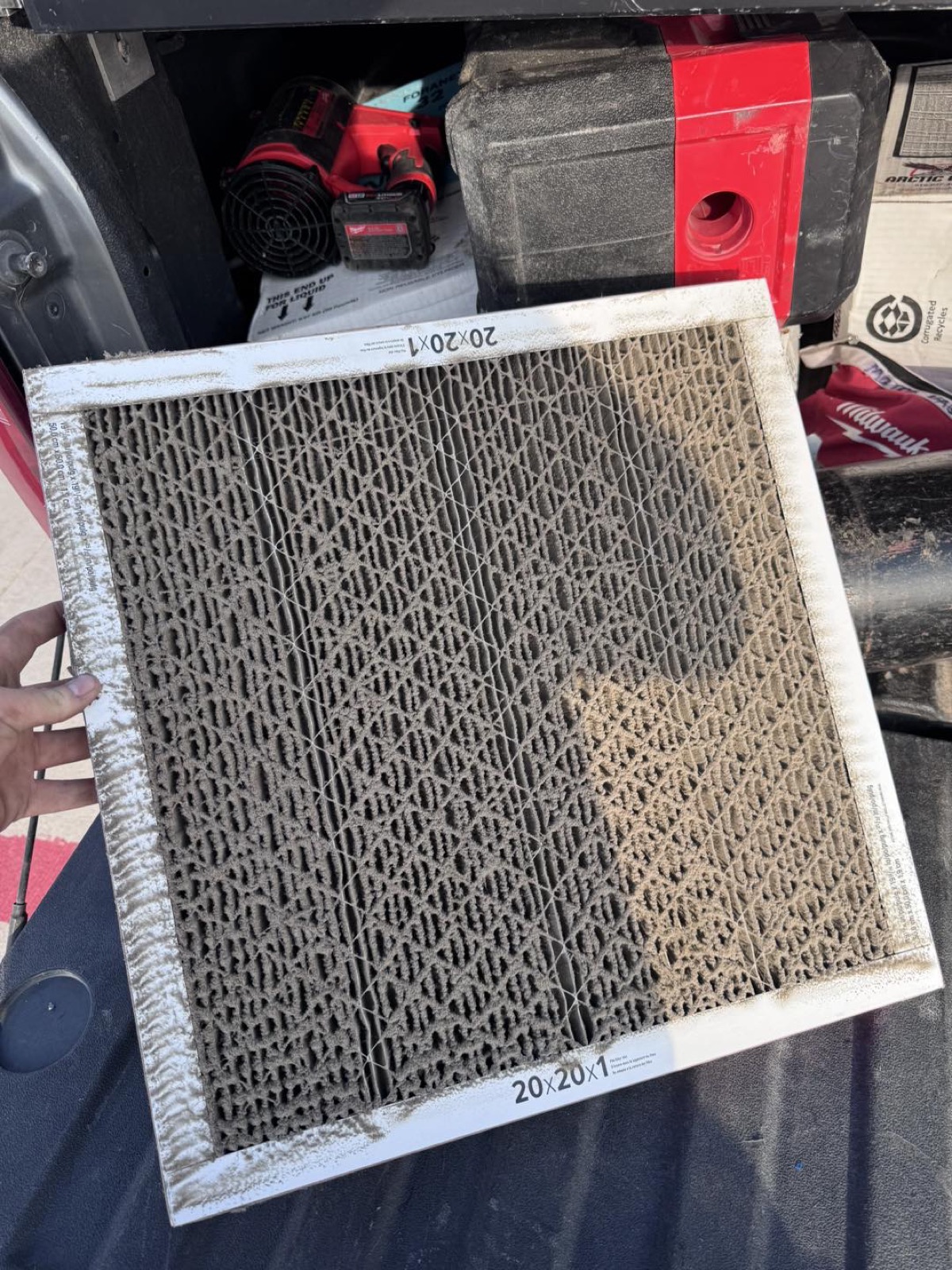 Dirty 20x20x1 HVAC return air filter pulled during a Wright Choice maintenance visit in Abilene, TX